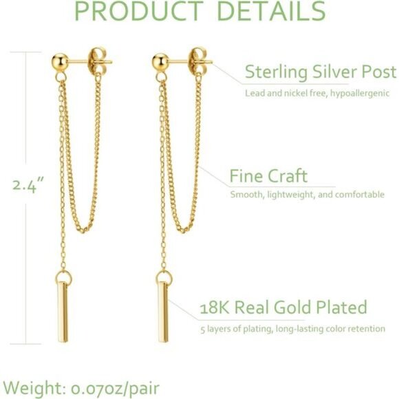 Chain Earrings for Women 18K Gold Plated Dainty Bar Drop Dangle Earrings - Picture 4 of 7